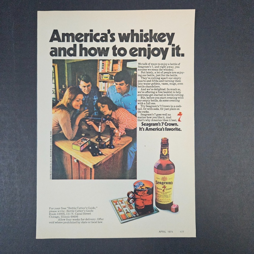 1974 Seagram's Seven 7 Crown Whiskey Vintage Print Ad Bar Glass Bottle Cutting